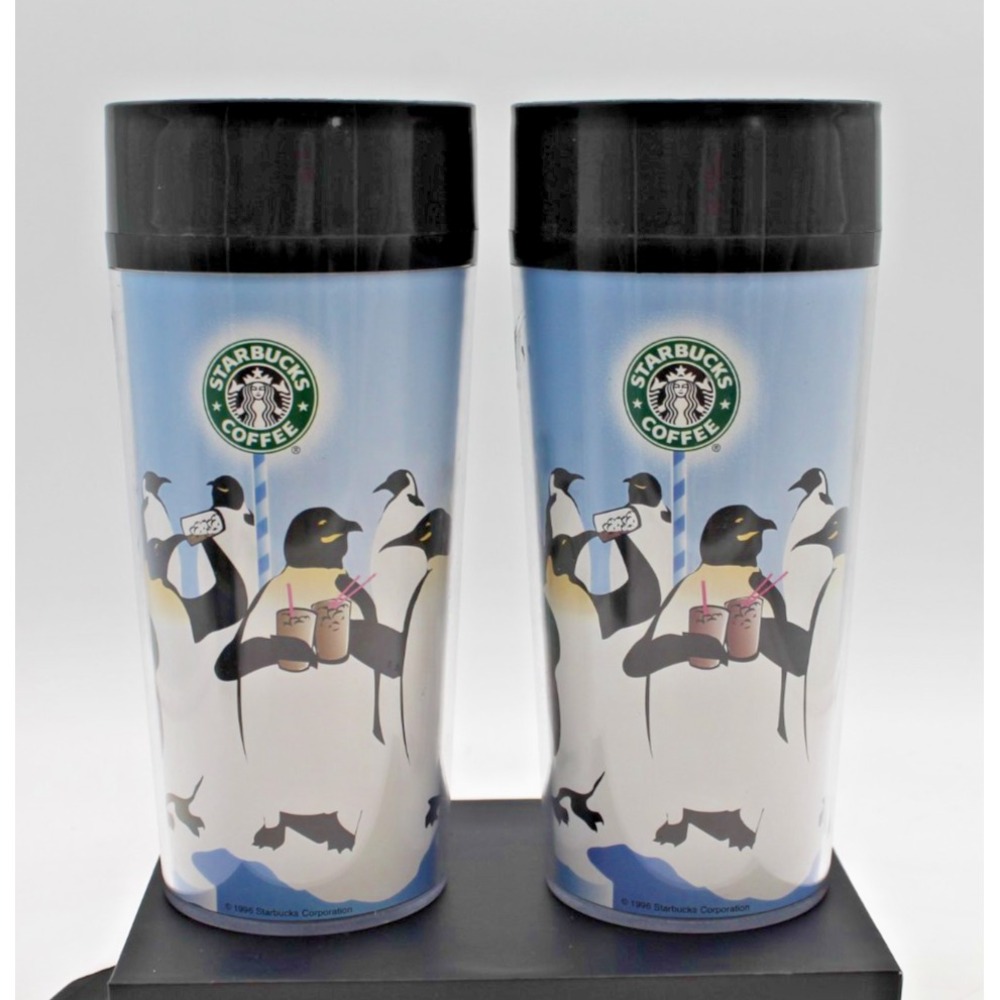 Pair Vintage Starbucks Tumbler Travel Mug Penguins Thermo-Serve 1996 Set of 2